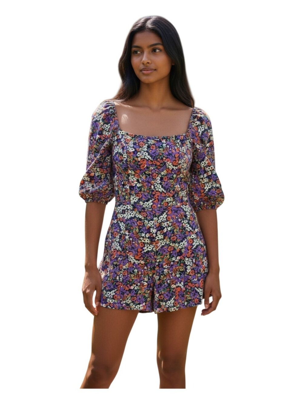 Traffic People Womens Multi Color Floral Print Puff Sleeve Romper Small